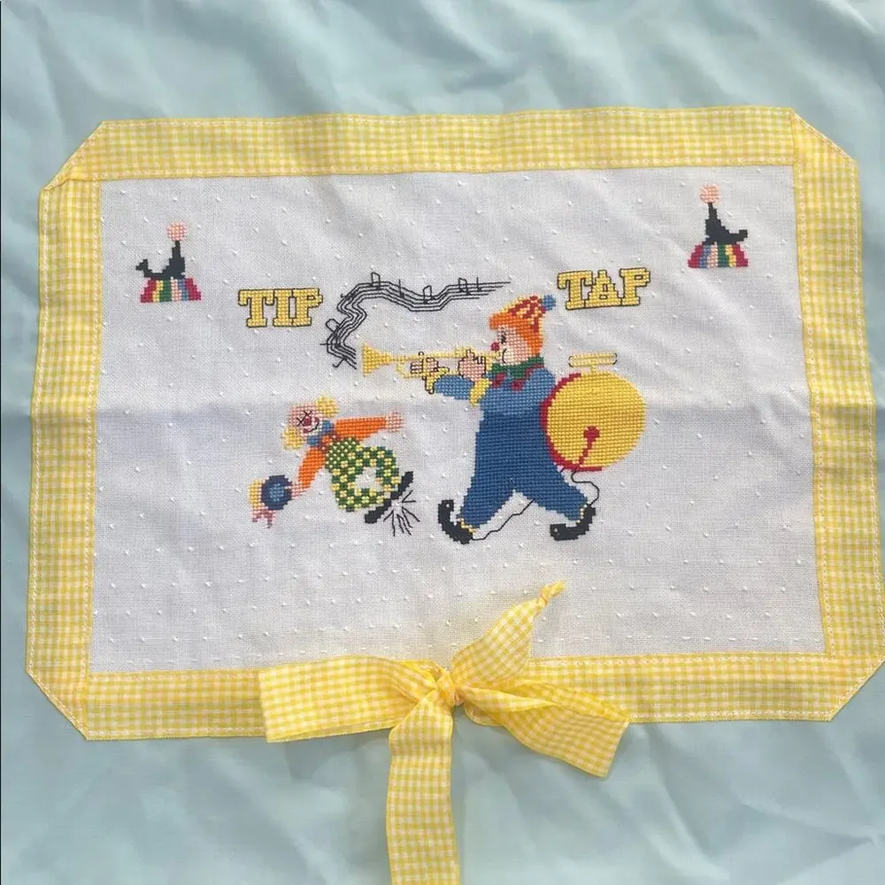 Vintage handmade nursery baby kids clown circus cross stitched pillowcase